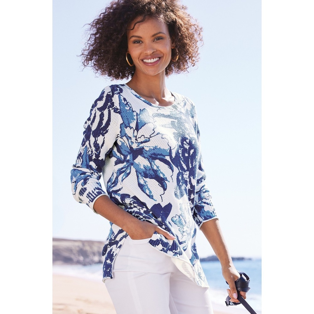 Soft Surroundings Marin Sweater Womens‎ L Blue Floral Waffle Knit Tunic Pullover